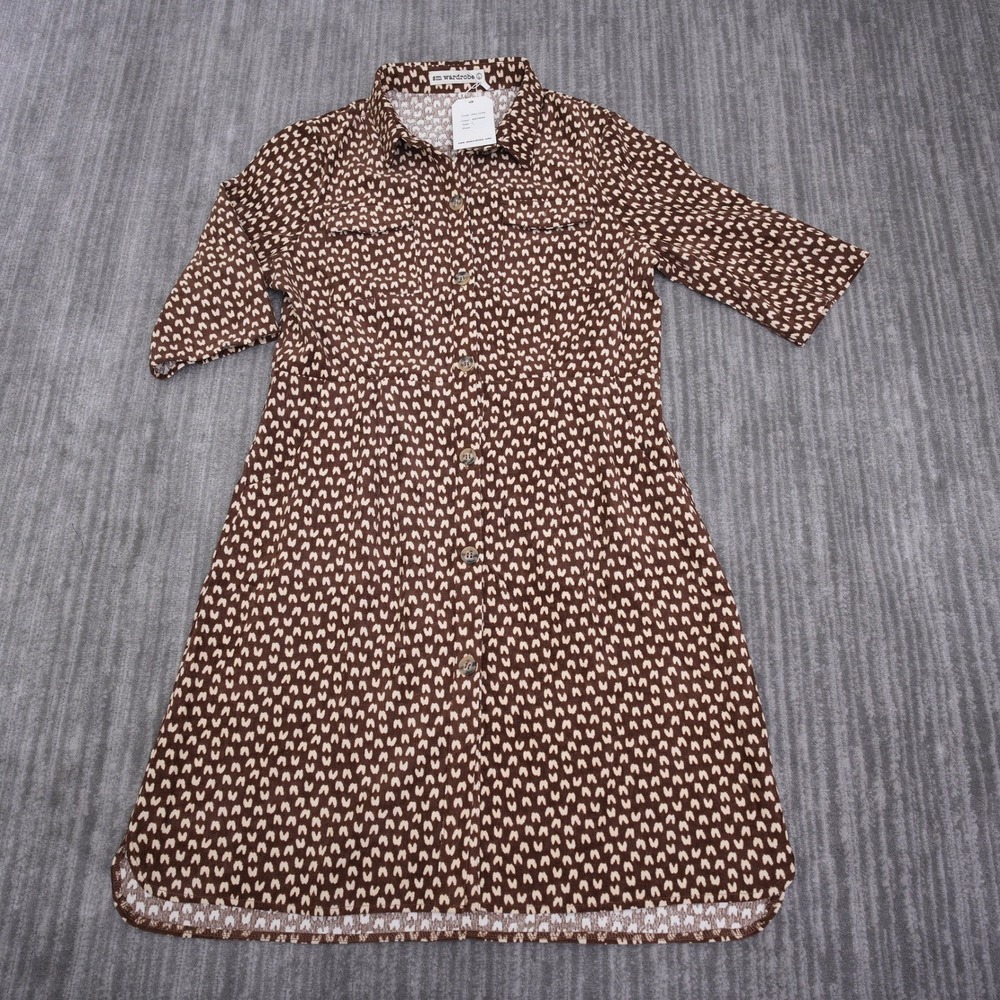 SM Wardrobe Brown Geometric Print Corduroy Shirt Dress Short Sleeve NWT‎ New